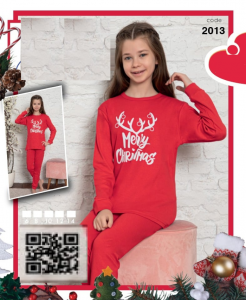 Pijama fetita, tematica de Craciun-model cu Merry Christmas, 100% bumbac, Rosu, e-cadou