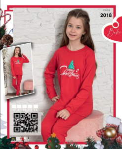 Pijama fetite, Craciun, 100% bumbac, Rosu, model cu Bradut Merry Christmas, e-cadou