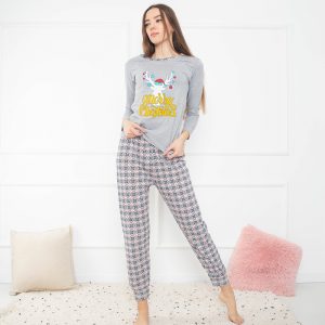 Pijamale de Crăciun de damă gri din 2 piese cu imprimeu 90%bumbac Royal Fashion