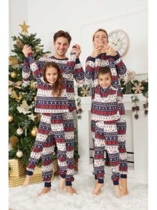 Set Familie Pijamale Craciun bleumarin cu alb , 3 persoane