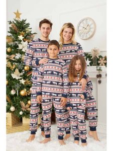 Set Familie Pijamale Craciun rosu cu bleumarin, 3 persoane
