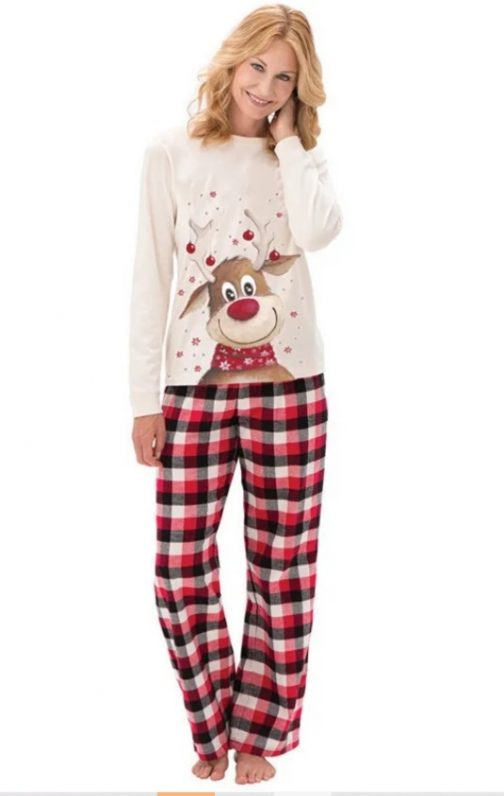 Set familie pijama de Craciun pentru femei, cu Rudolf si pantaloni in carouri