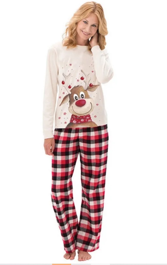 back Outlook ego Set familie- pijama de Craciun pentru femei, cu Rudolf si pantaloni in  carouri