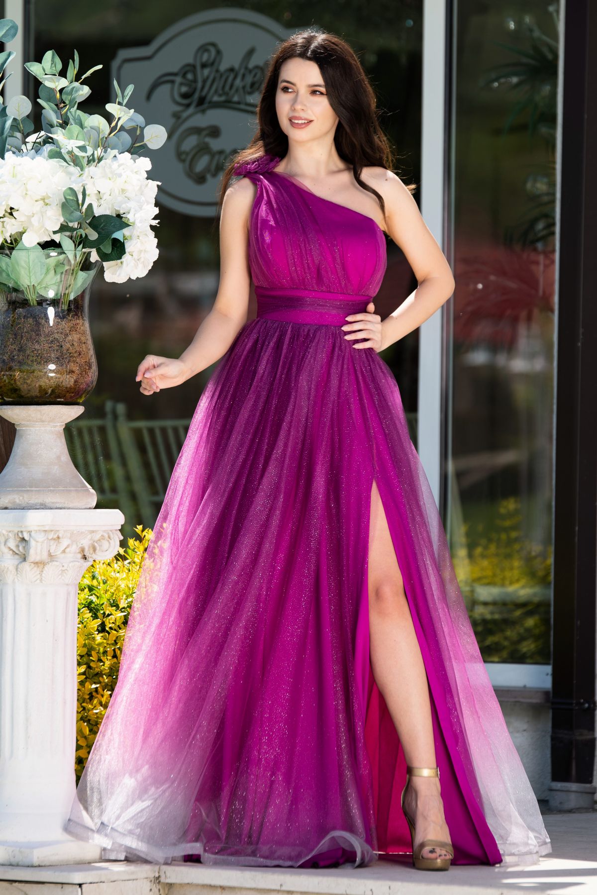 Rochie de seara lunga purpurie in degrade eleganta din tulle cu floare 3D