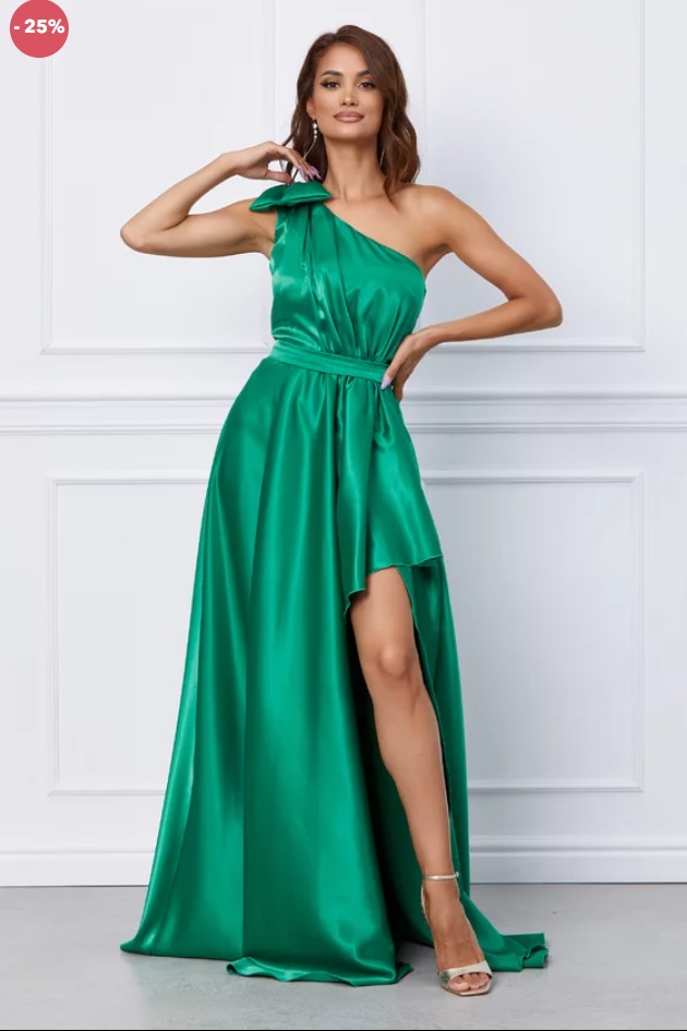 Rochie eleganta din satin., verde, prinderea pe un umar, talia marcata, croi asimetric.