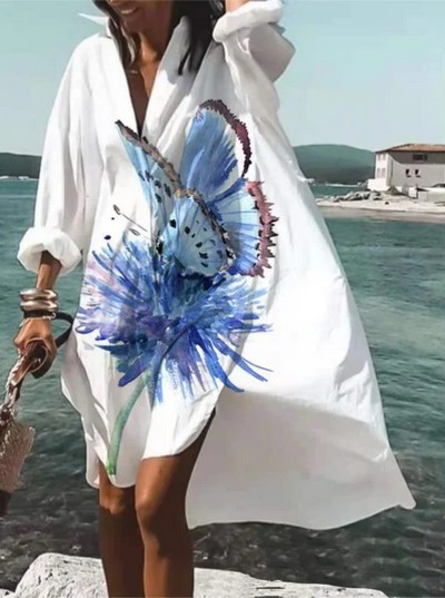 Rochie tip camasa, lunga, alba, asimetrica, cu imprimeu fluture