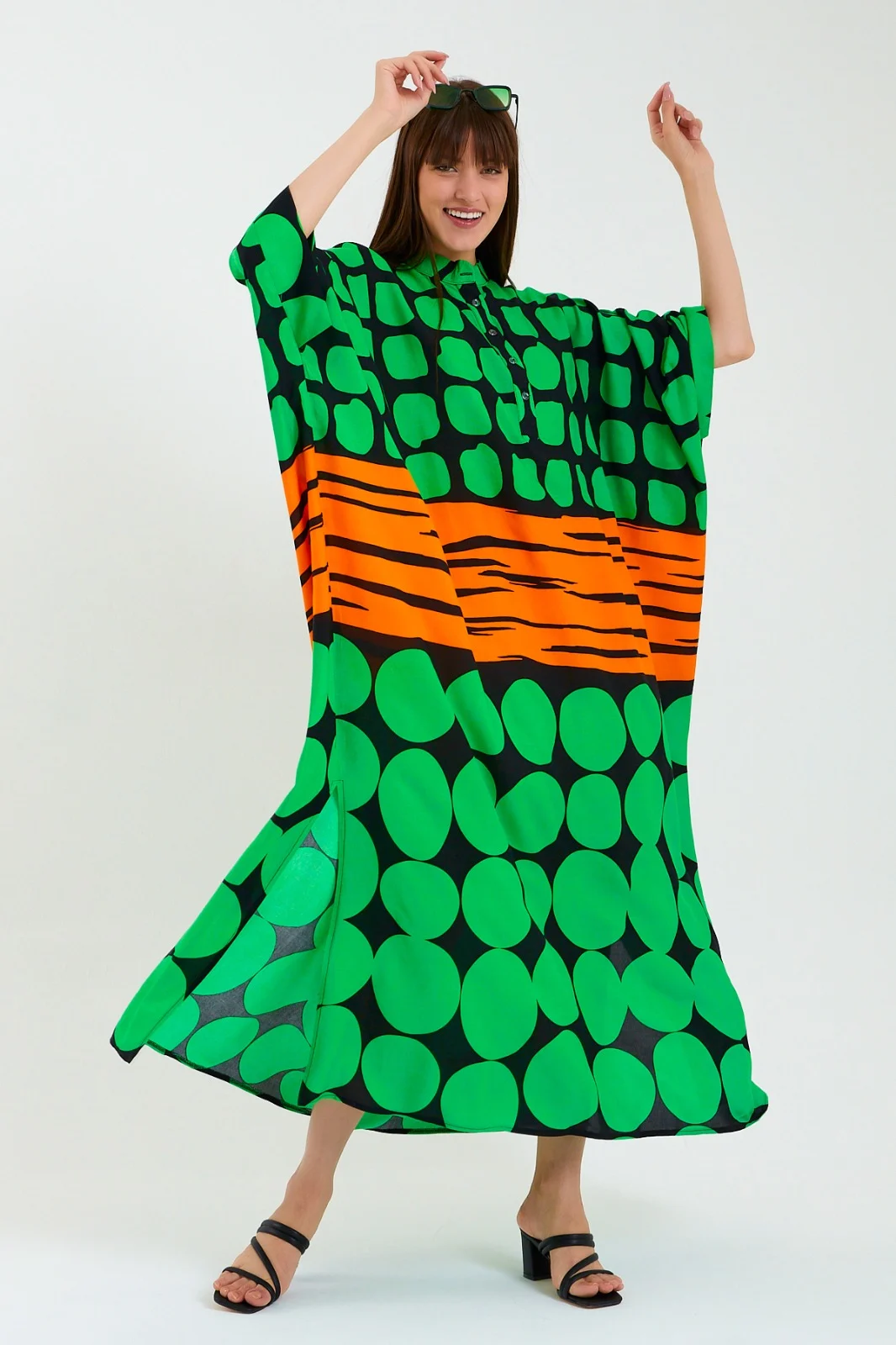 Rochie tip camasa, lunga, verde orange, imprimeu geometric, vascoza