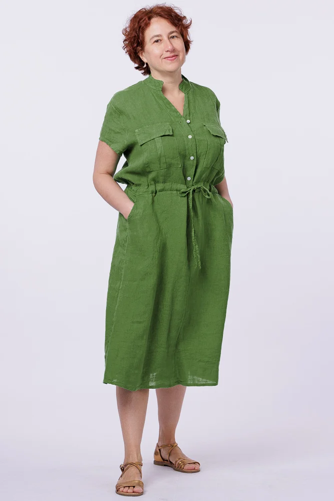 Rochie din in stil camasa, verde oliv